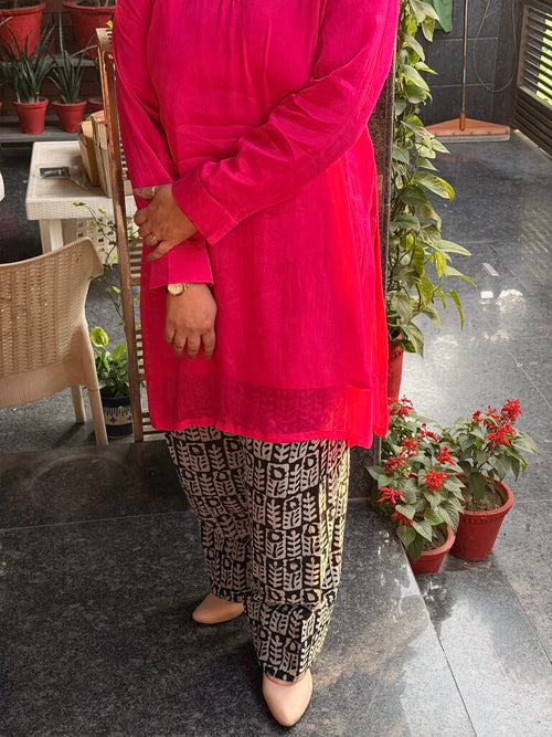 Bright Pink Crepe Tunic with Georgette Printed Bottoms