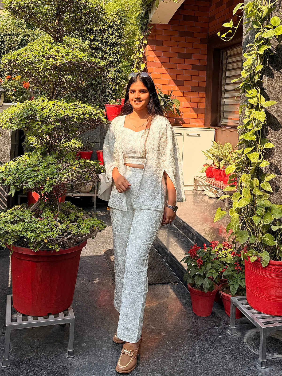 Ivory Georgette Co-ord Set with Intricate Weaving and Cape Jacket