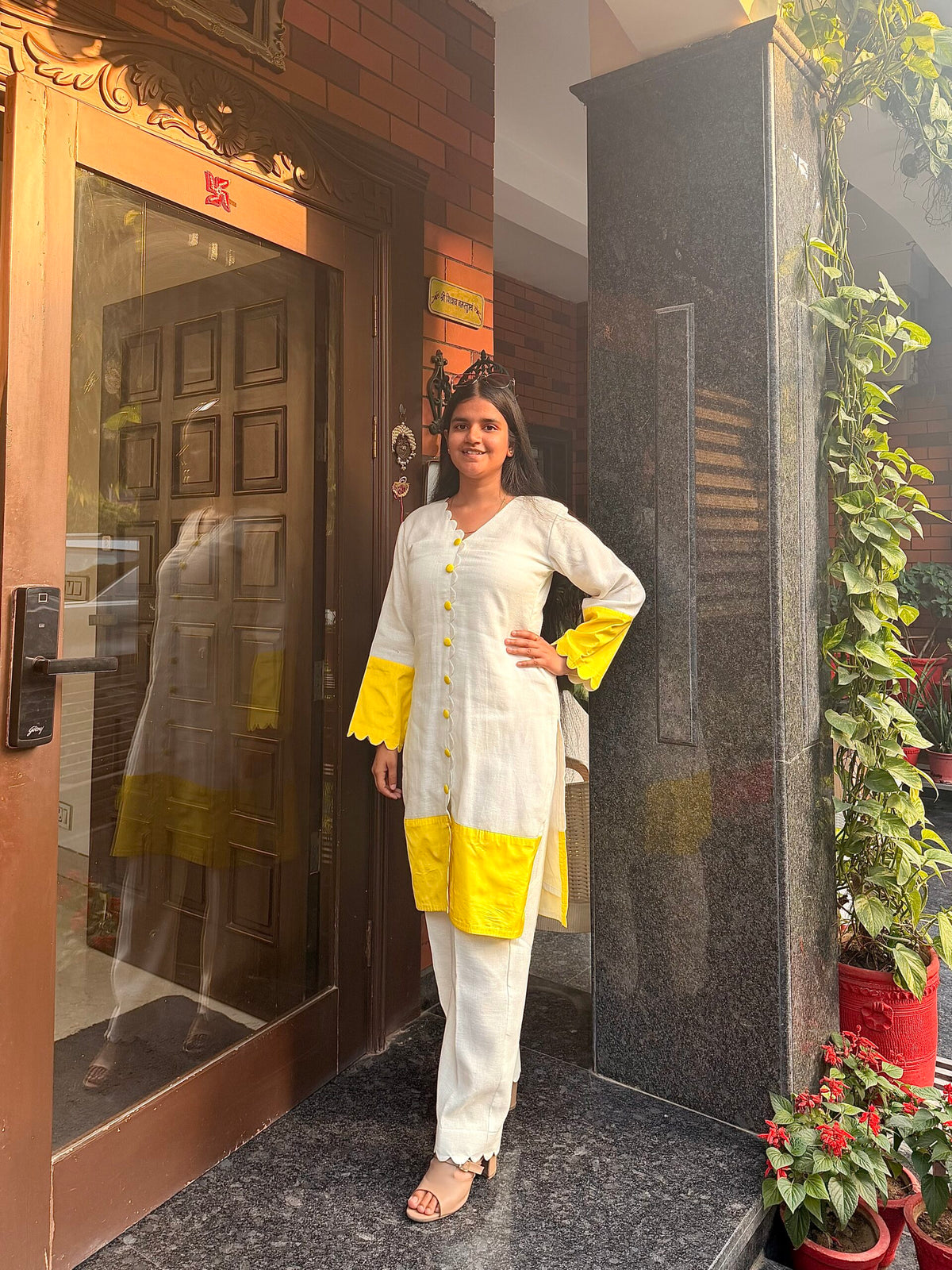 Ivory Linen Suit with Yellow Raw Silk Accents