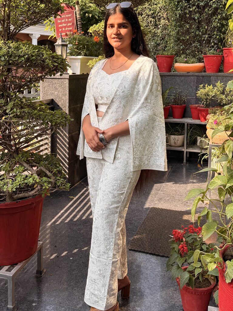 Ivory Georgette Co-ord Set with Intricate Weaving and Cape Jacket