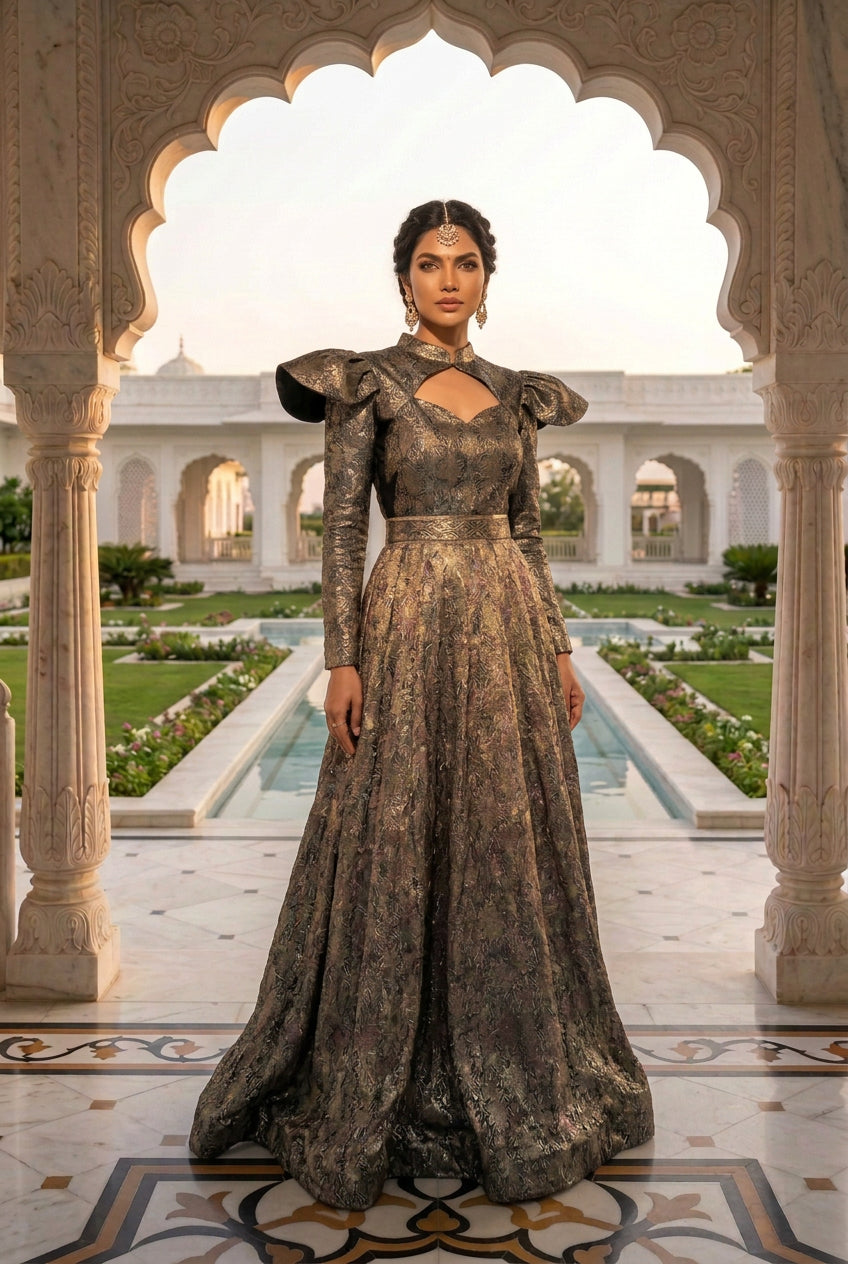 Black & Gold Brocade Lehenga Set