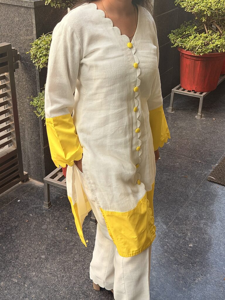 Ivory Linen Suit with Yellow Raw Silk Accents