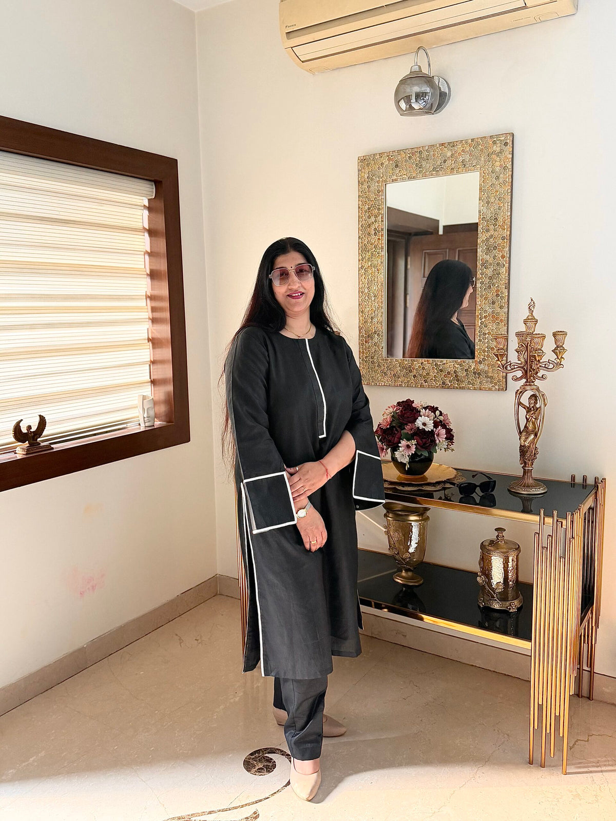 Elegant Black Cotton Kurta Set with Trousers | Minimal Chic Full Sleeve Outfit
