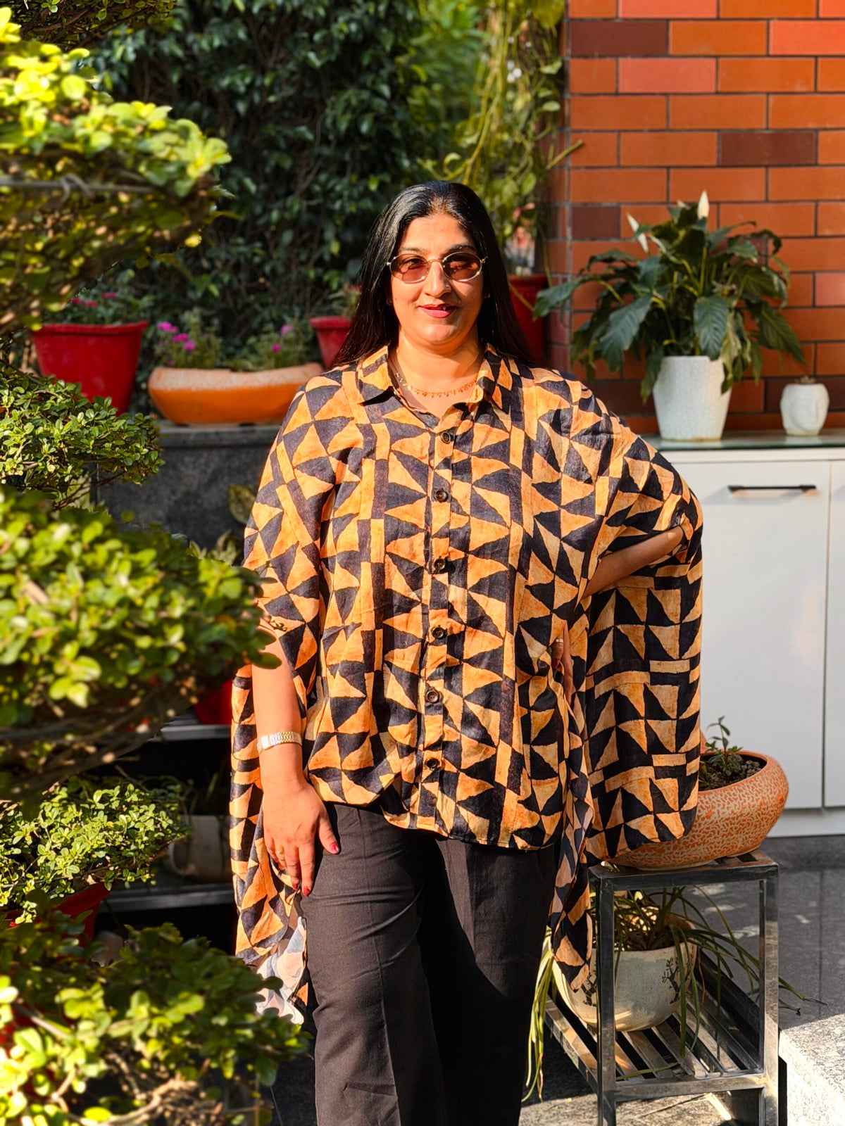 Abstract Printed Flow Cape Shirt with Black Pants
