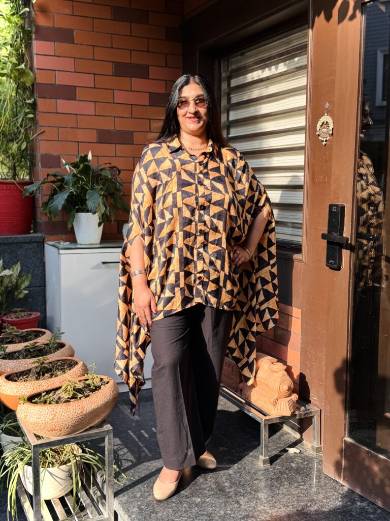 Abstract Printed Flow Cape Shirt with Black Pants
