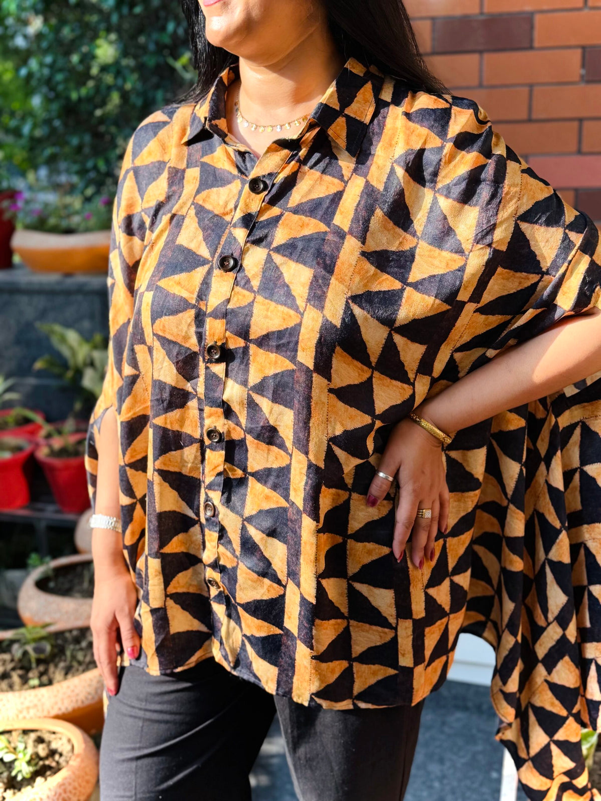 Abstract Printed Flow Cape Shirt with Black Pants