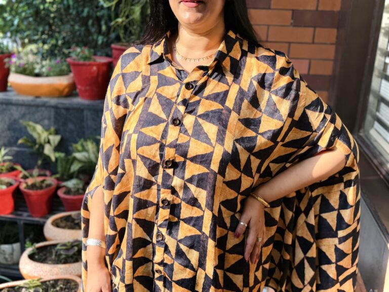 Abstract Printed Flow Cape Shirt with Black Pants