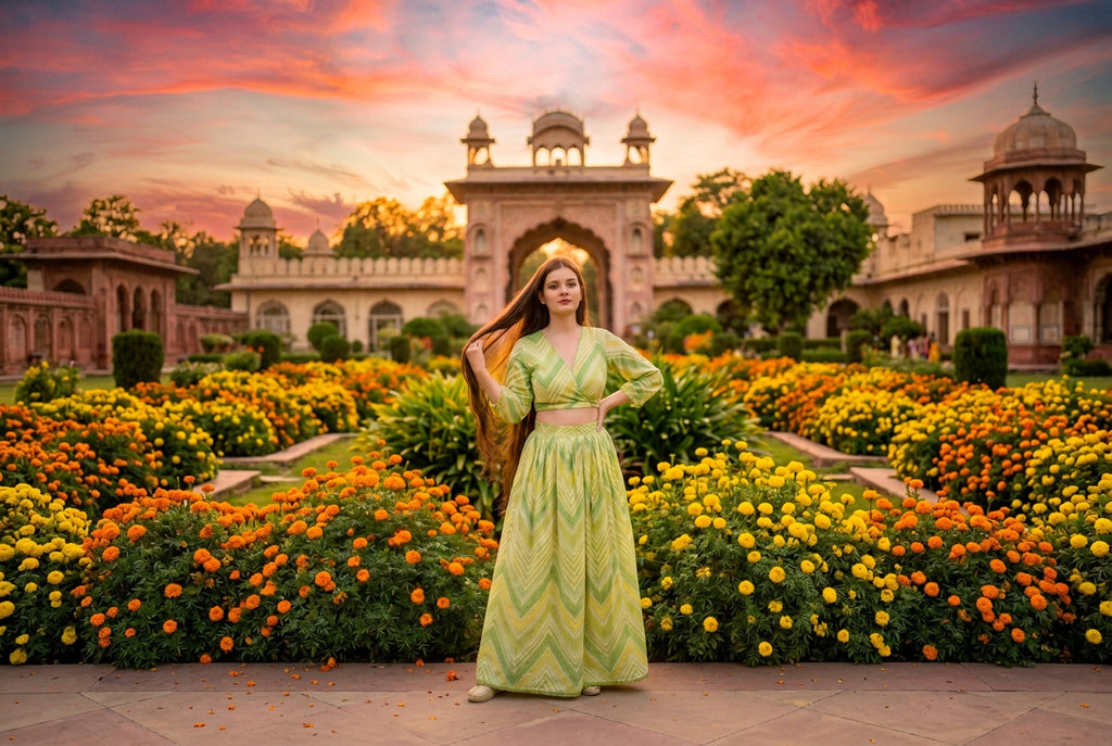 A woman wearing a green and yellow patterned two-piece outfit stands in front of a dark doorway with potted plants on the right side.