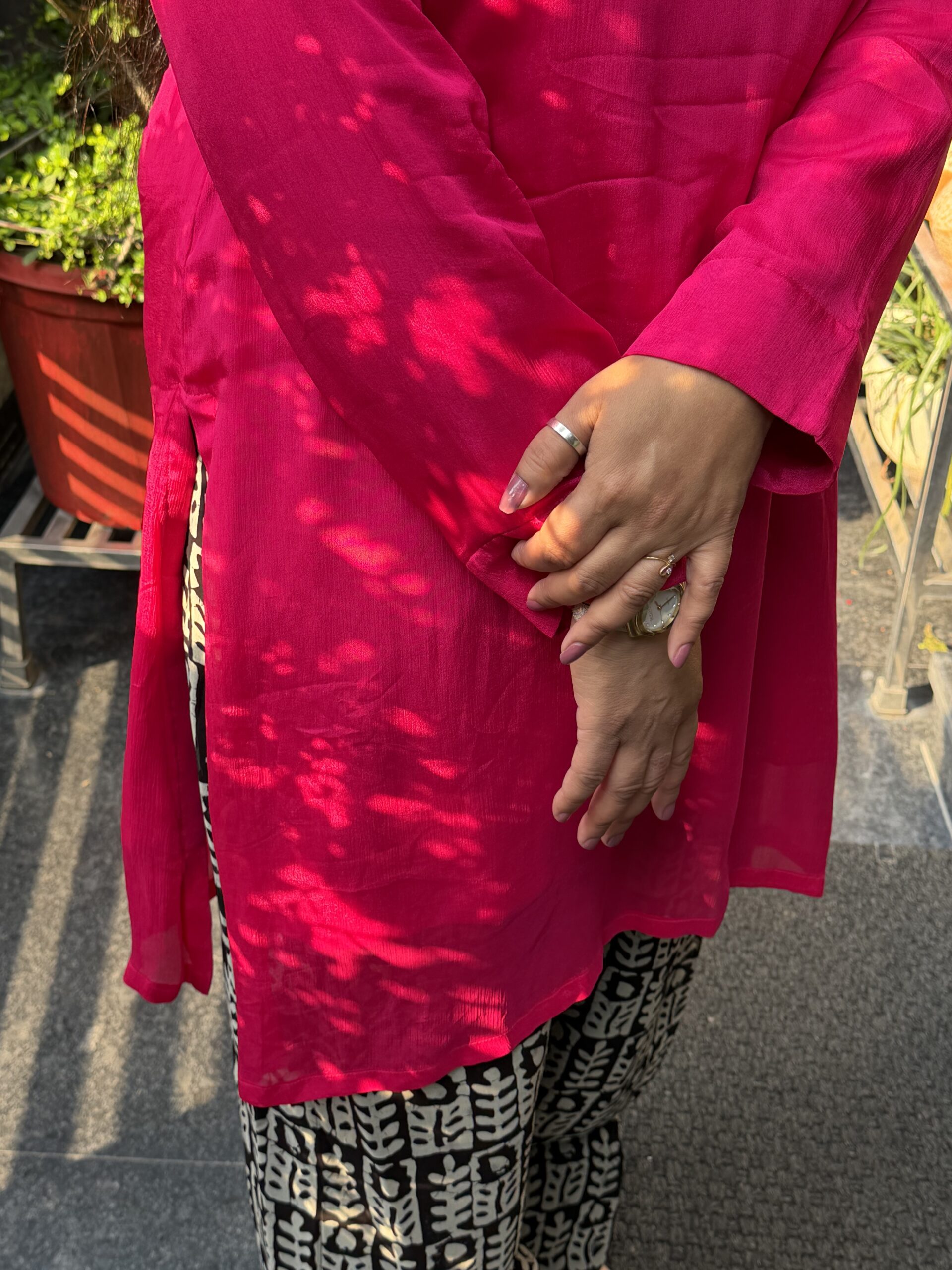 Bright Pink Crepe Tunic with Georgette Printed Bottoms - Image 2