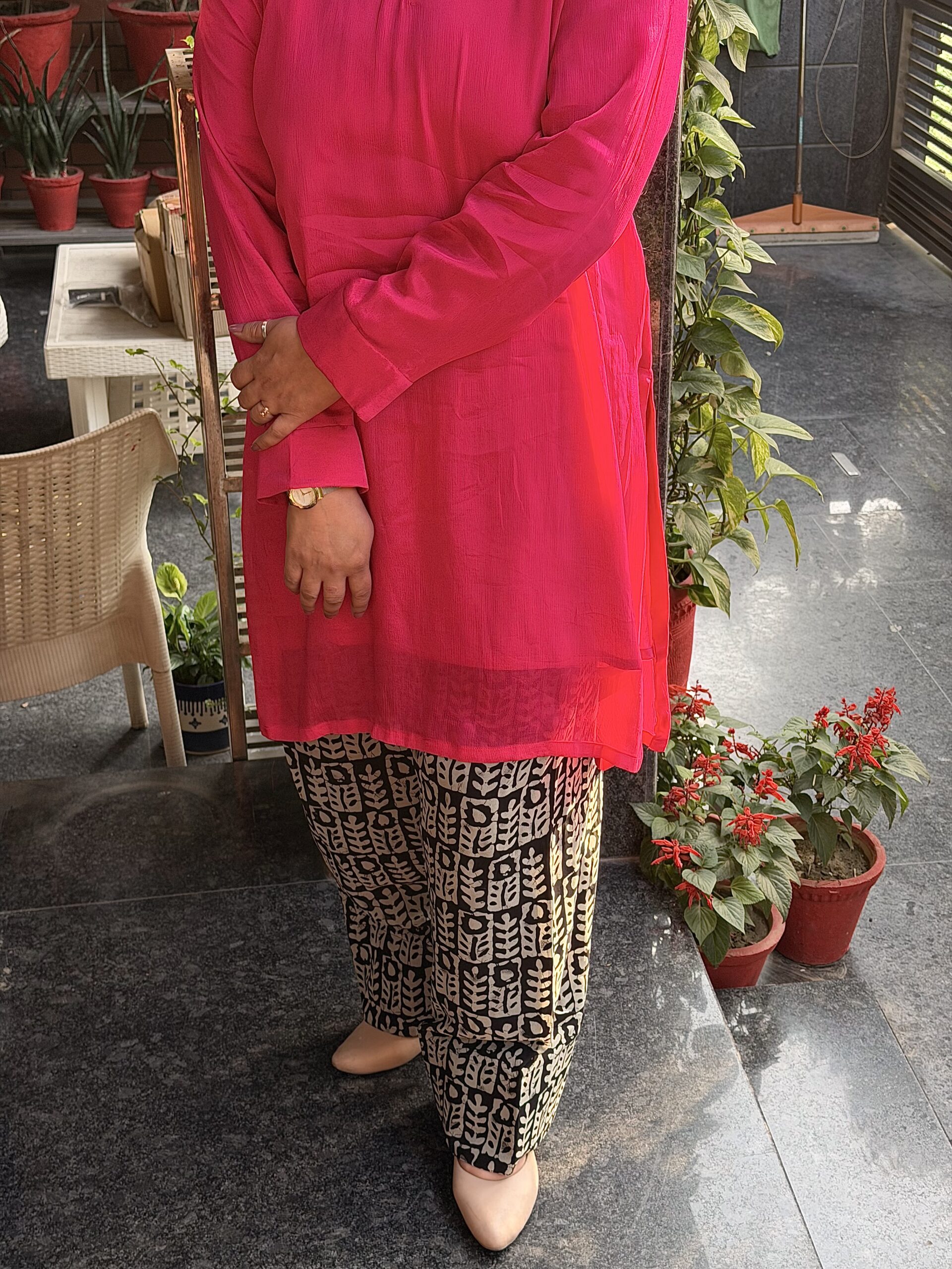 Bright Pink Crepe Tunic with Georgette Printed Bottoms - Image 3