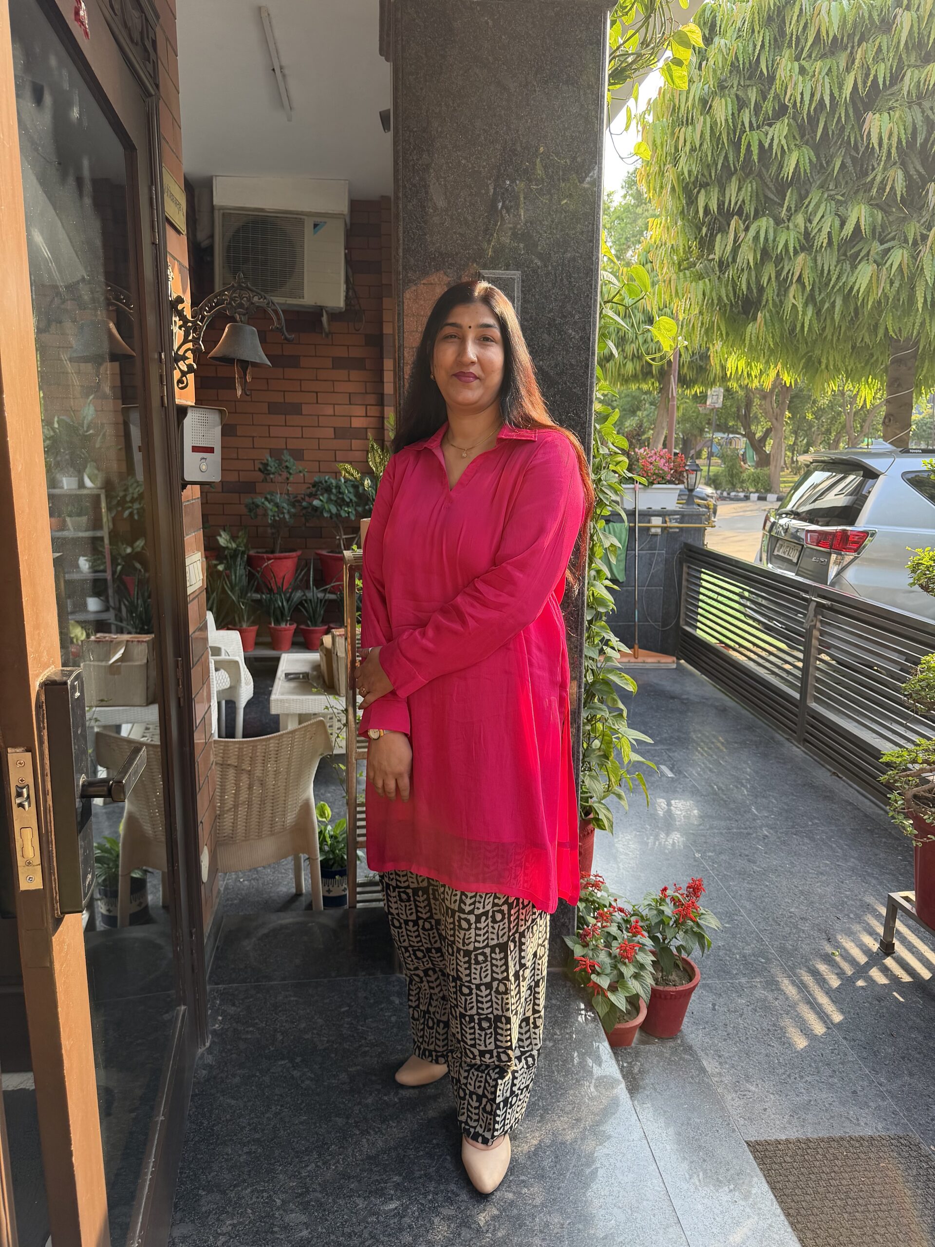 Bright Pink Crepe Tunic with Georgette Printed Bottoms