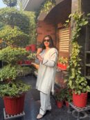 Pure White Linen Kurta Set with Trousers | Minimal Black Piping Outfit