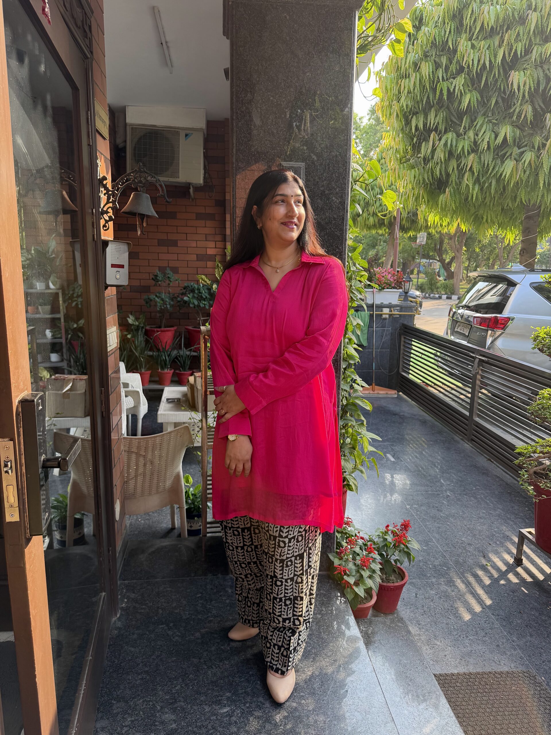 Bright Pink Crepe Tunic with Georgette Printed Bottoms - Image 5